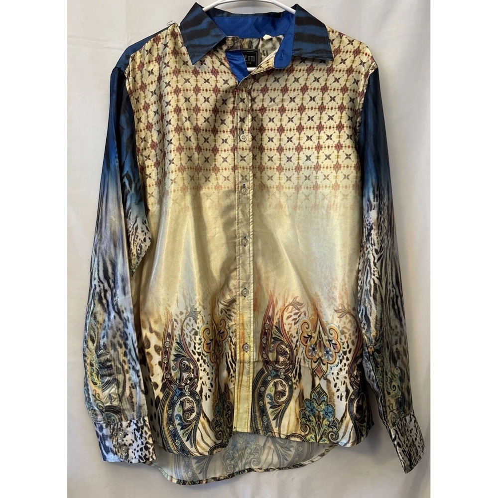 Calvetti Los Angeles Shirt M Paisley Western Animal Print Silky Small Flaw